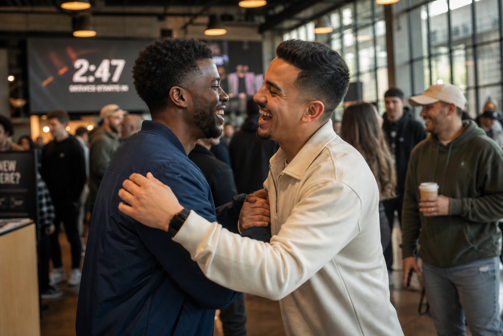Two men greeting each other warmly in a packed lobby between services