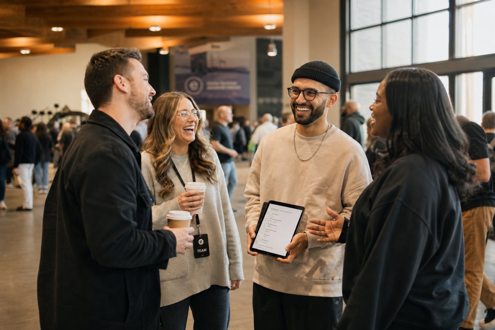 Church staff talking together in a lobby, one holding a tablet