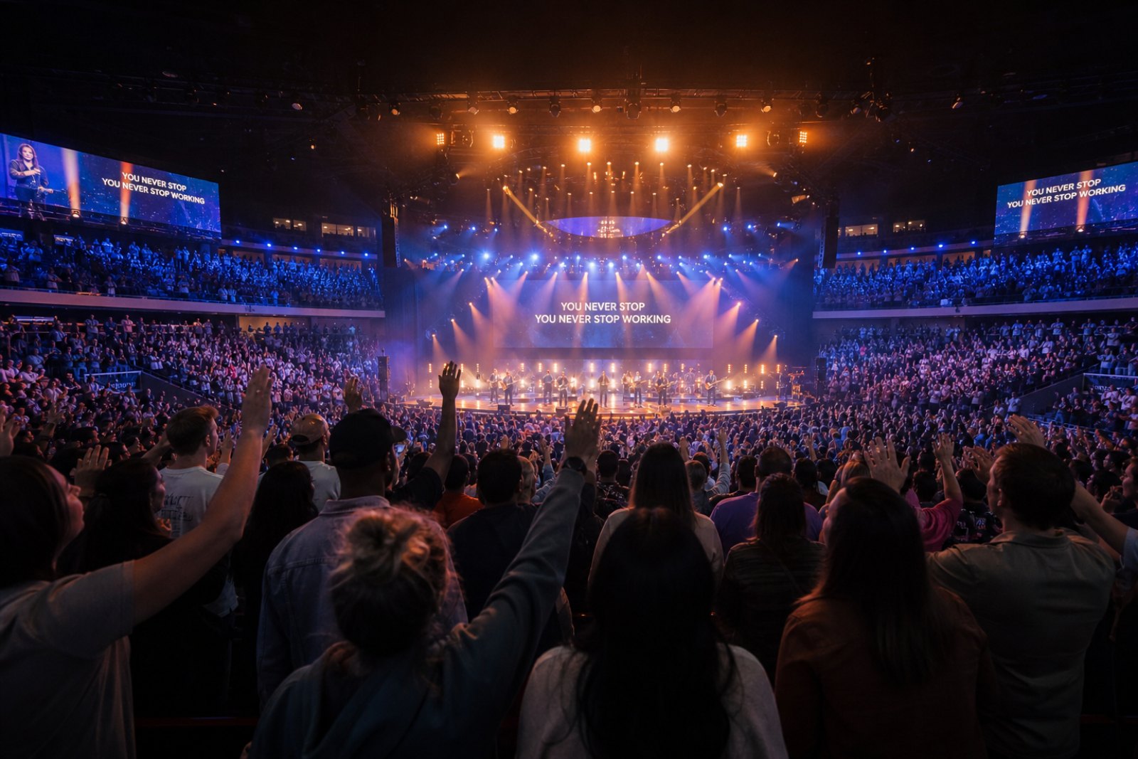 A full auditorium with hands raised during Sunday worship